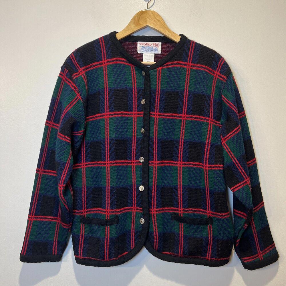 Vintage Tally Ho Cardigan Sweater Womens XL Green Red Plaid Long Sleeve Preppy